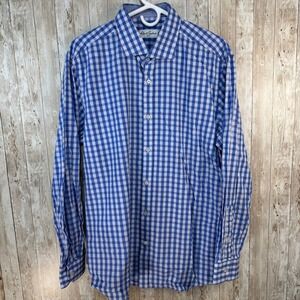 Robert Graham Blue Purple Gingham Check‎ Button Up Long Sleeve Mens Shirt 17.5"